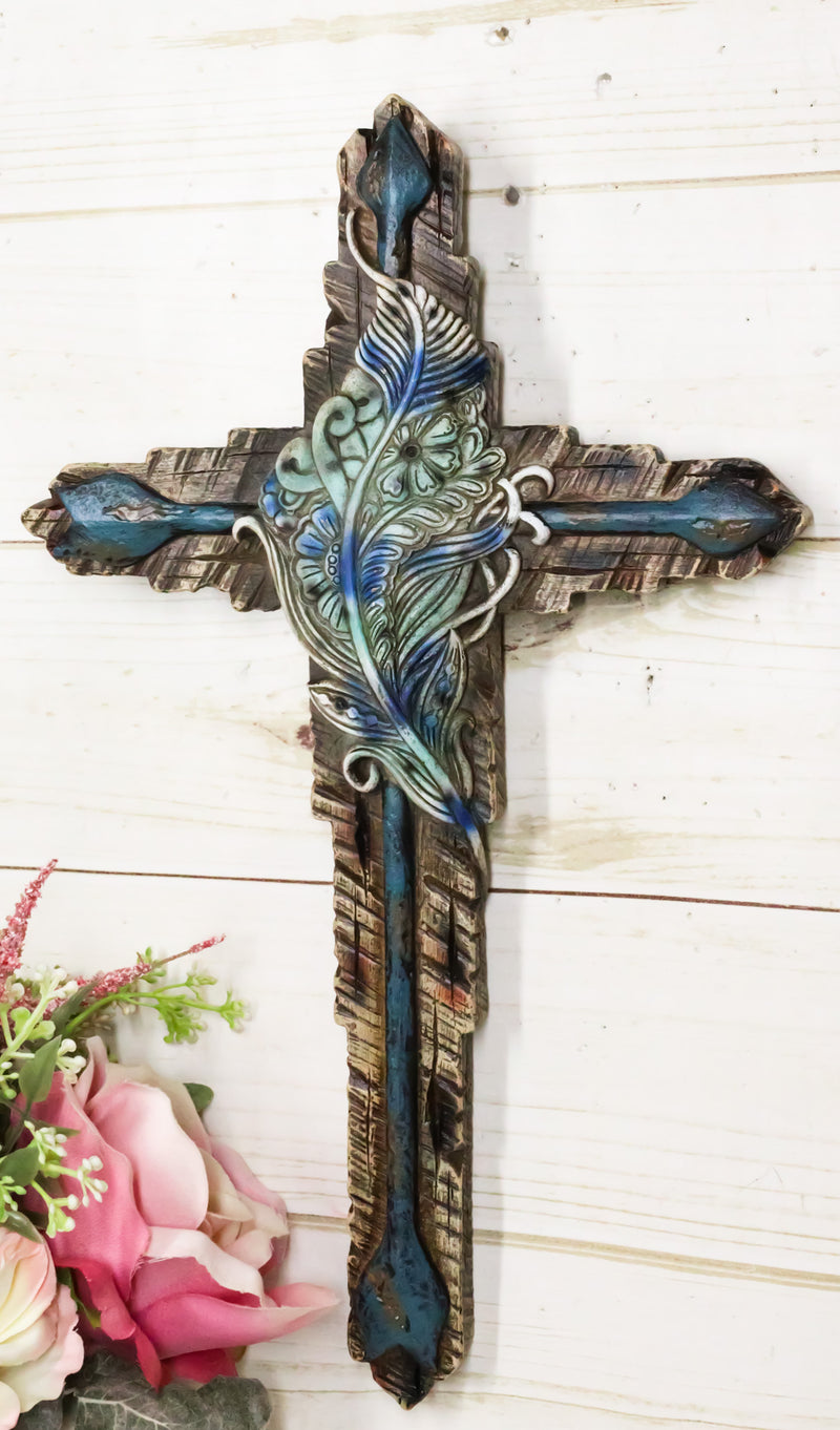 Southwestern Tribal Indian Feather And Turquoise Arrows Faux Wooden Wall Cross