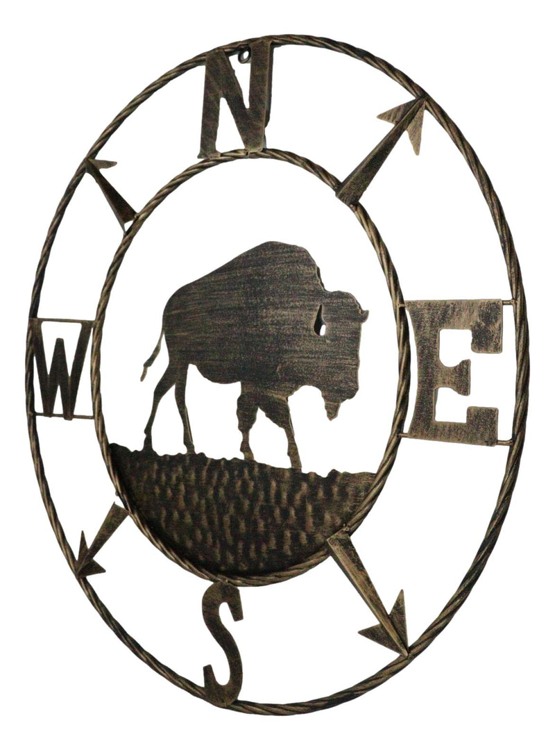 Bison Buffalo with N-S-E-W Compass Cardinal Directions Metal Wall Circle Sign