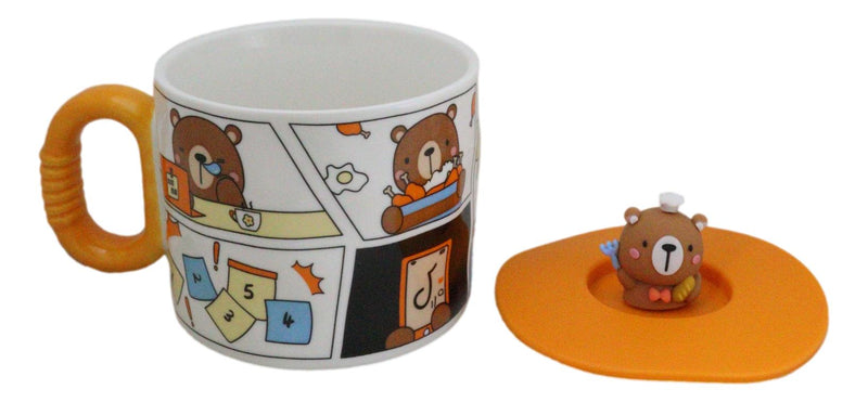 Whimsical Brown Bear Cub With Leave Diary Cartoon Ceramic Mug With Silicone Lid