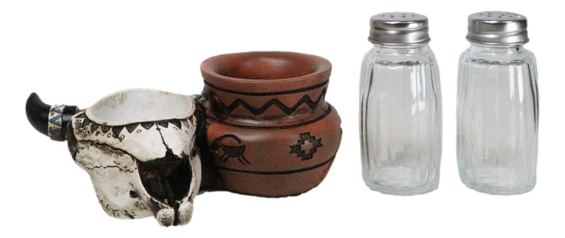 Southwestern Buffalo Cow Skull With Canister Jar Glass Salt Pepper Shakers Set