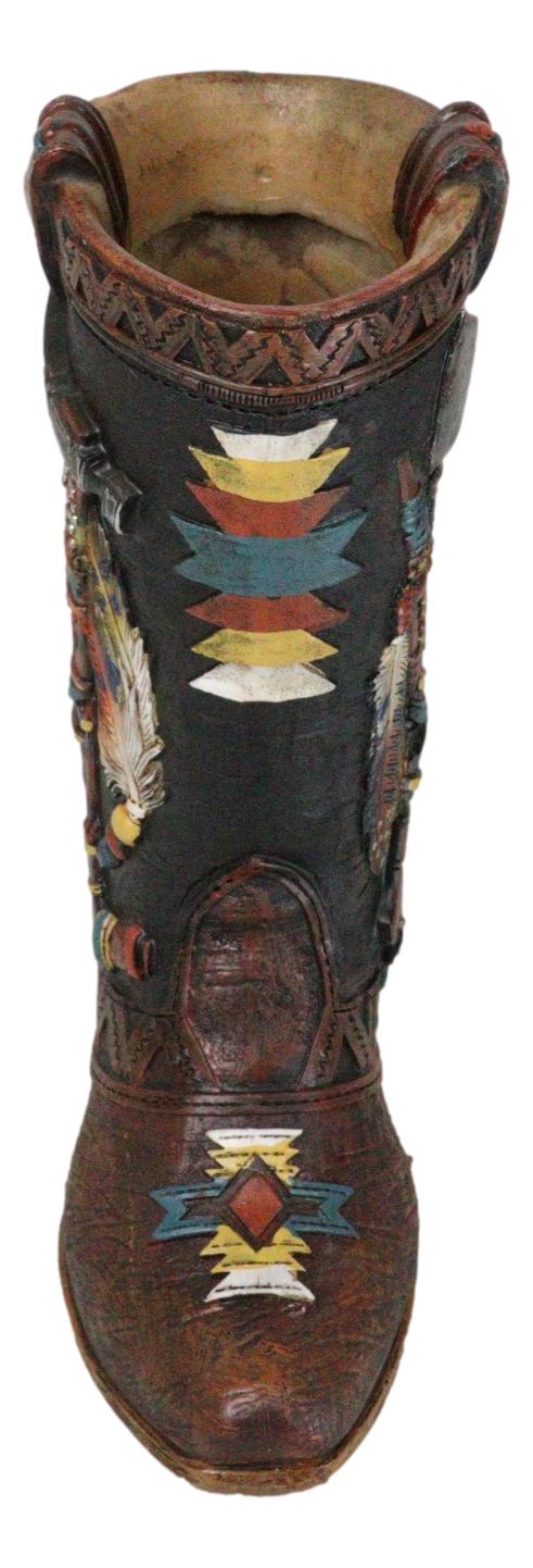 Western Tribal Native Indian Hand Axe Peace Pipe and Feathers Cowboy Boot Vase