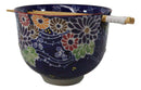 Purple Colorful Flowers In Wind Ceramic Donburi Ramen Bowl With Chopsticks Set