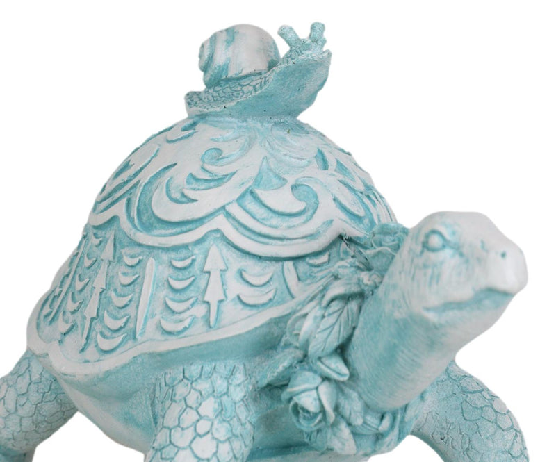 Auspicious Pastel Blue Turtle Tortoise With Patterned Shell And Snail Figurine