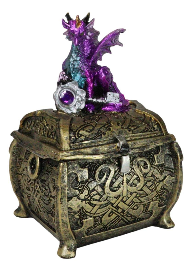 Metallic Purple Twilight Dragon Holding Rune Key On Treasure Chest Trinket Box