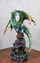 Metallic Green Dragon Perching On Rocky Mountain Stonewall Castle Tower Figurine