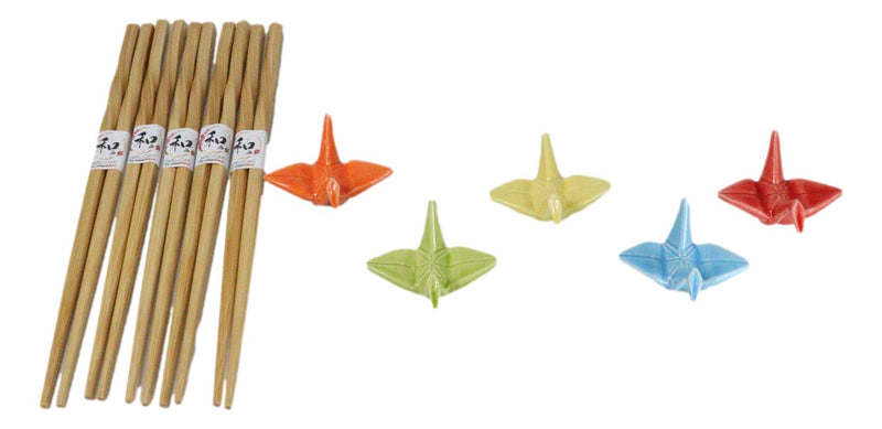 5 Pairs Of Colorful Origami Crane Birds Ceramic Rests With Wooden Chopsticks Set