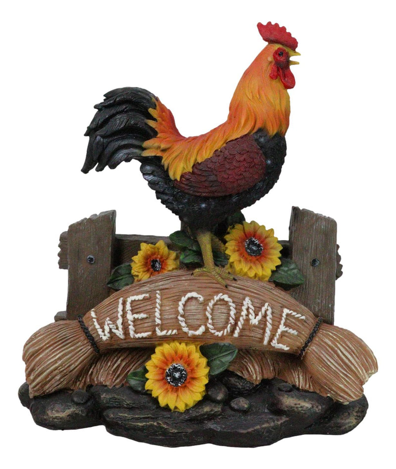 Ebros Large Country Chicken Rooster On Wooden Fence With Sunflowers Welcome Statue