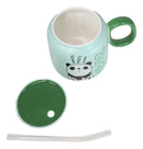 Whimsical Anime Green Giant Panda 16oz Ceramic Mug Cup With Lid And Glass Straw