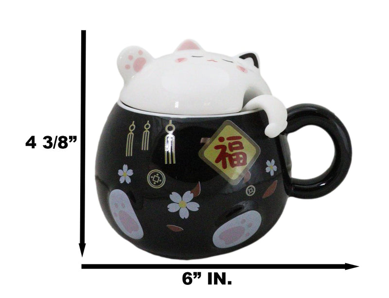 Black Maneki Neko Beckoning Lucky Cat Mug Cup With Kitty Lid And Stirring Spoon