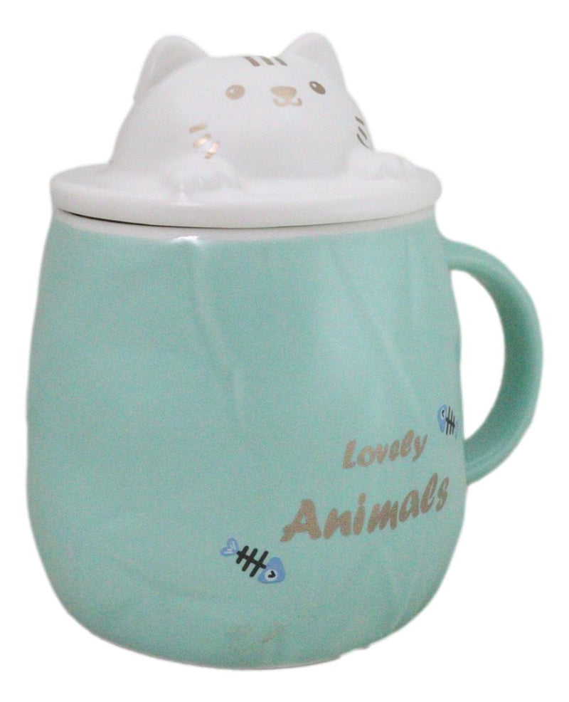 Whimsical Green Chubby Feline Kitty Cat Cup Mug With Lid And Stirring Spoon