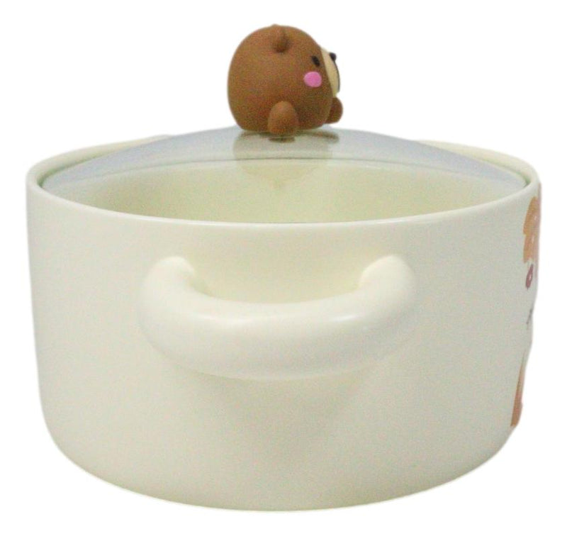 Autumn Brown Bear With Acorns Donburi Ramen Soup Bowl With Glass Lid And Handles