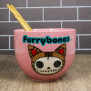 Furrybones Maneki Neko Cat Skeleton Pink Porcelain Bowl With Chopsticks Set