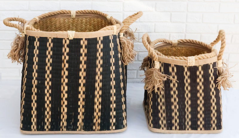 Black And Beige Open Hand Woven Seagrass Wicker Baskets With Handles Set of 2