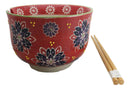 Red Chrysanthemum Floral Art Large 24Oz Donburi Ramen Bowl With Chopsticks Set