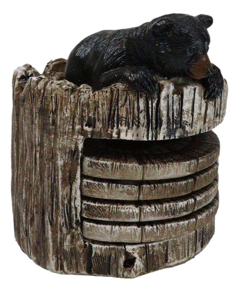 Western Rustic Forest Peeking Black Bear Tree Ring Paw Coasters And Holder Set