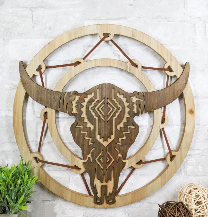 Rustic MDF Wood Buffalo Cow Skull Dreamcatcher Web Circle Wall Decor Plaque