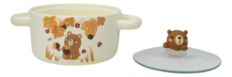 Autumn Brown Bear With Acorns Donburi Ramen Soup Bowl With Glass Lid And Handles