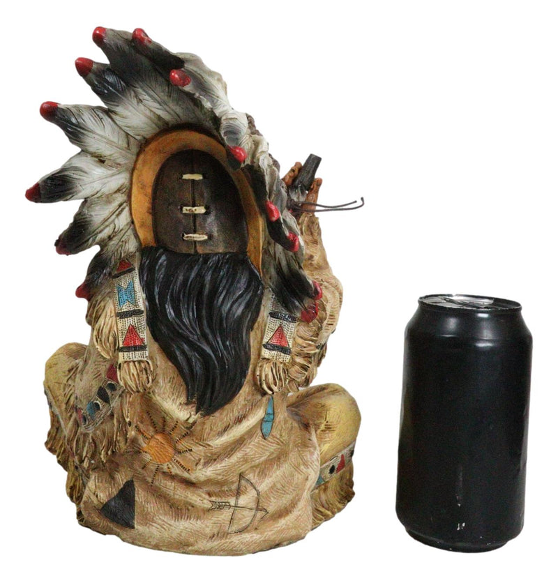 Tribal Indian Tribal Chief With Headdress Roach Smoking Peace Pipe Figurine