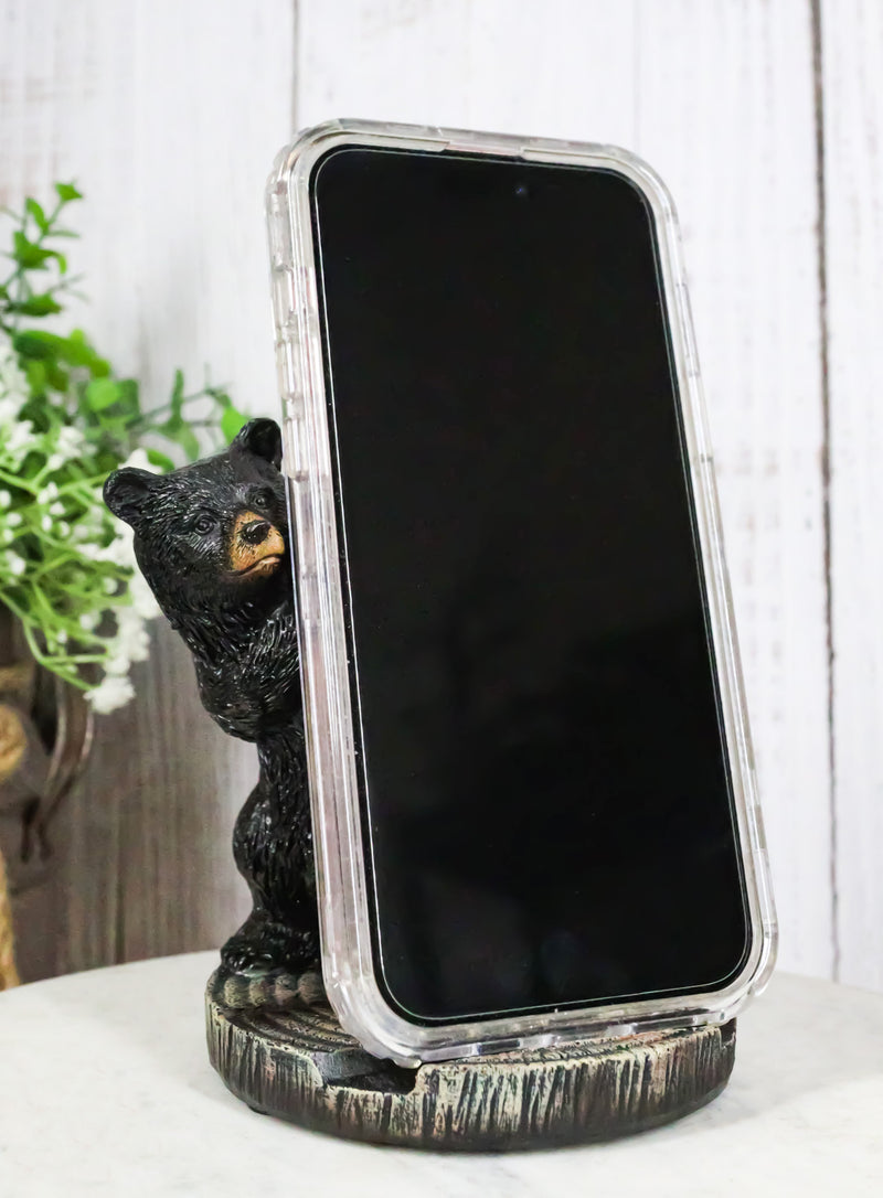 Rustic Western Hide And Seek Black Bear On Tree Ring Cell Phone Holder Figurine