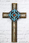 Southwestern Turquoise Fleur De Lis French Lily Faux Wooden Wall Cross Plaque