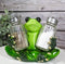 Green Tree Frog Toad Meditating Glass Salt Pepper Shakers Holder Figurine Set