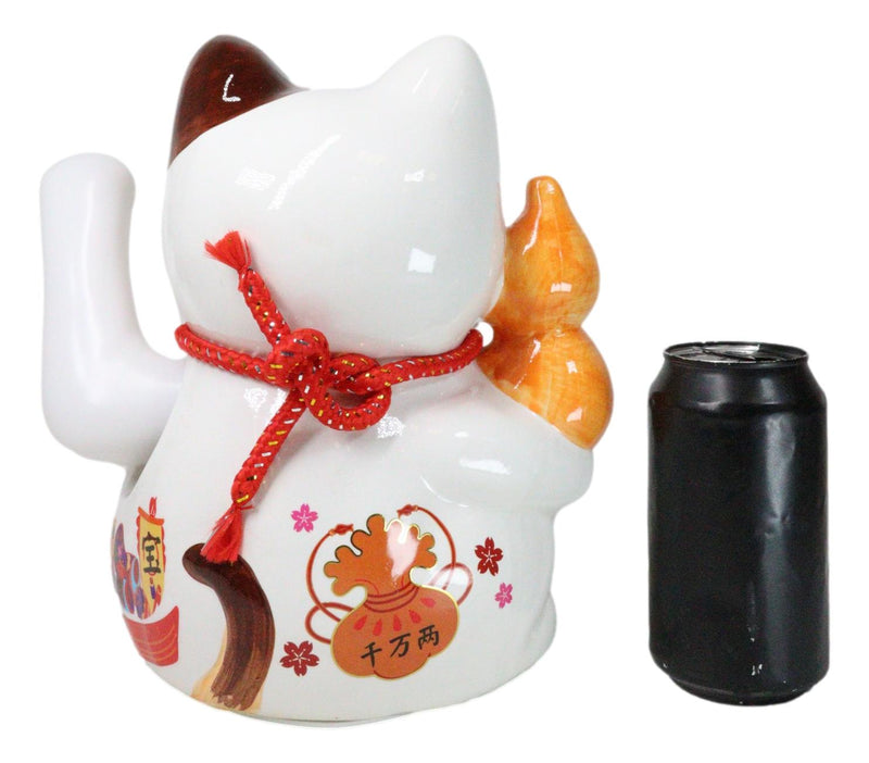 Japanese Lucky Charm White Beckoning Cat Maneki Neko With Waving Arm Statue 10"