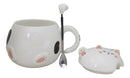 Whimsical White Chubby Feline Kitty Cat Cup Mug With Lid And Stirring Spoon