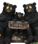 Papa Mama Black Bears and Cub Sitting On Log with Welcome Plank Sign Figurine