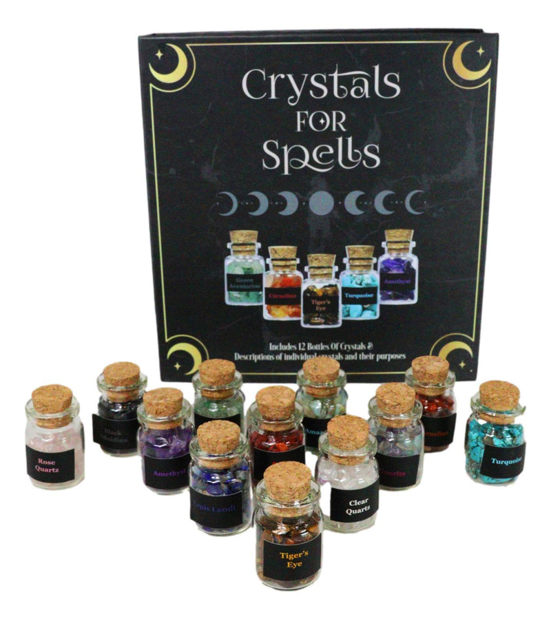 Witchcraft Crystals for Spells Crystal Variety Chip Bottle Set of 12 Book Case