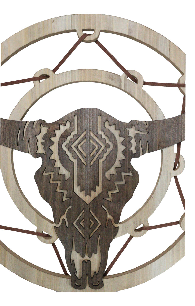 Rustic MDF Wood Buffalo Cow Skull Dreamcatcher Web Circle Wall Decor Plaque