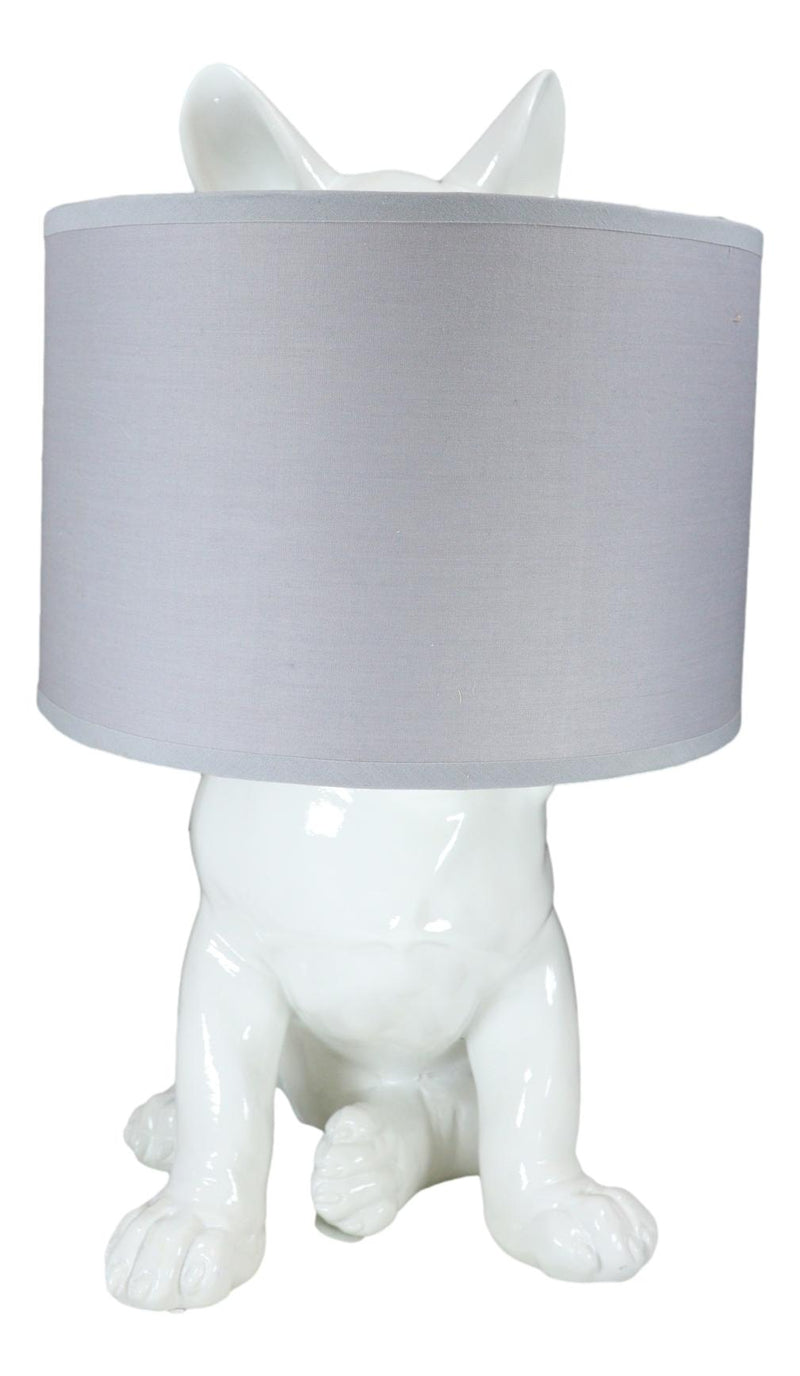 Whimsical Cute White Hiding Dog Desktop Bedside Table Lamp With Fabric Shade 17"