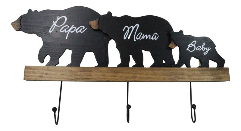 Rustic Forest Black Bear Family Papa Mama Baby Silhouette 3 Pegs Wall Hooks 20"L