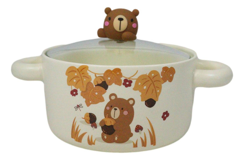 Autumn Brown Bear With Acorns Donburi Ramen Soup Bowl With Glass Lid And Handles