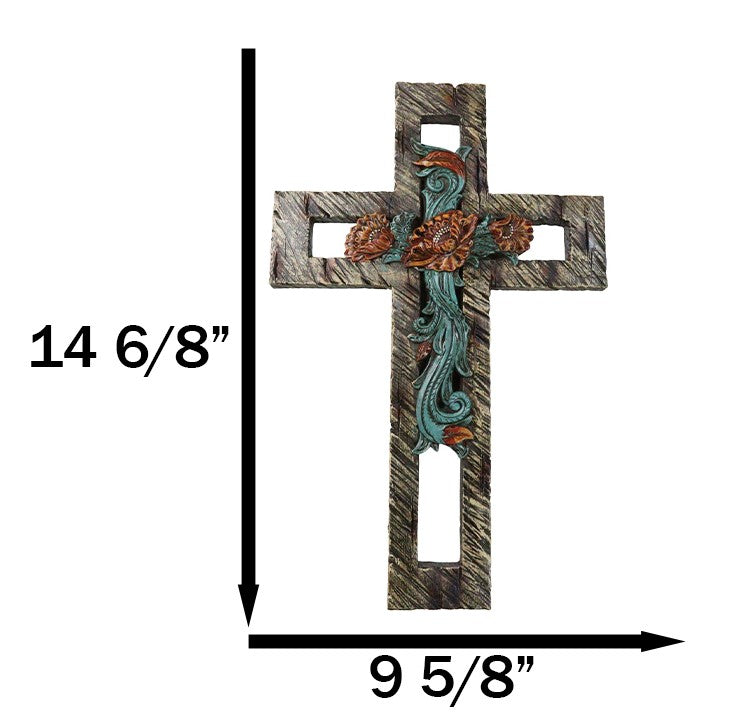 Rustic Western Faux Wooden Turquoise Roses Floral Motif Layered Wall Cross Decor