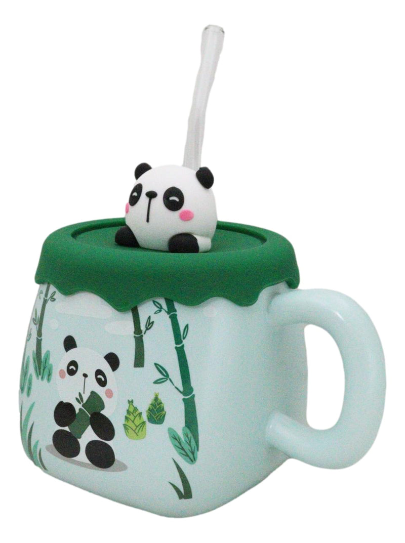 Cute Panda Bear By Bamboo Forest Green Ceramic Mug With Silicone Lid And Straw