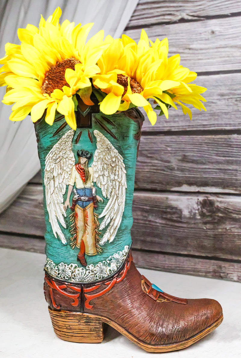 Western Turquoise Heart Cross Angel Winged Cowgirl Faux Leather Boot Vase Decor