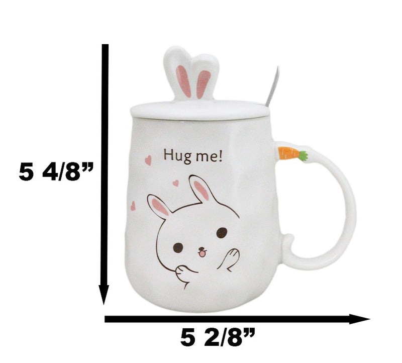 White Bunny Rabbit Hug Me Ceramic Mug With Bunny Ears Lid And Stirring Spoon