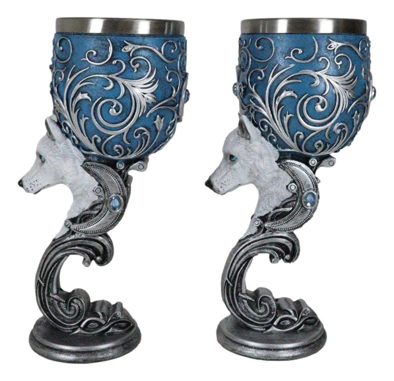 Set Of 2 Romantic Snow White Wolves Love Hex Heart Baroque Blue Wine Goblets