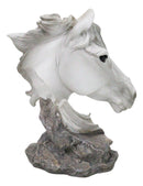 Wild and Free White Stallion Equine Horse Bust On Rocky Pillar Base Figurine