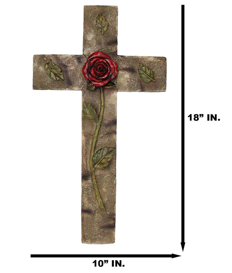 Rustic Western Rose of Sharon Red Rose Stalk With Green Petals Wall Cross Decor