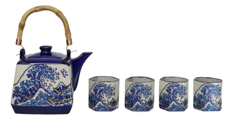 Blue White Great Wave Of Kanagawa Hokusai Hexagonal Teapot With 4 Tea Cups Set