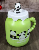 Acrobatic Green Panda Bears Green Mug With Anime Panda Figurine Handle Lid