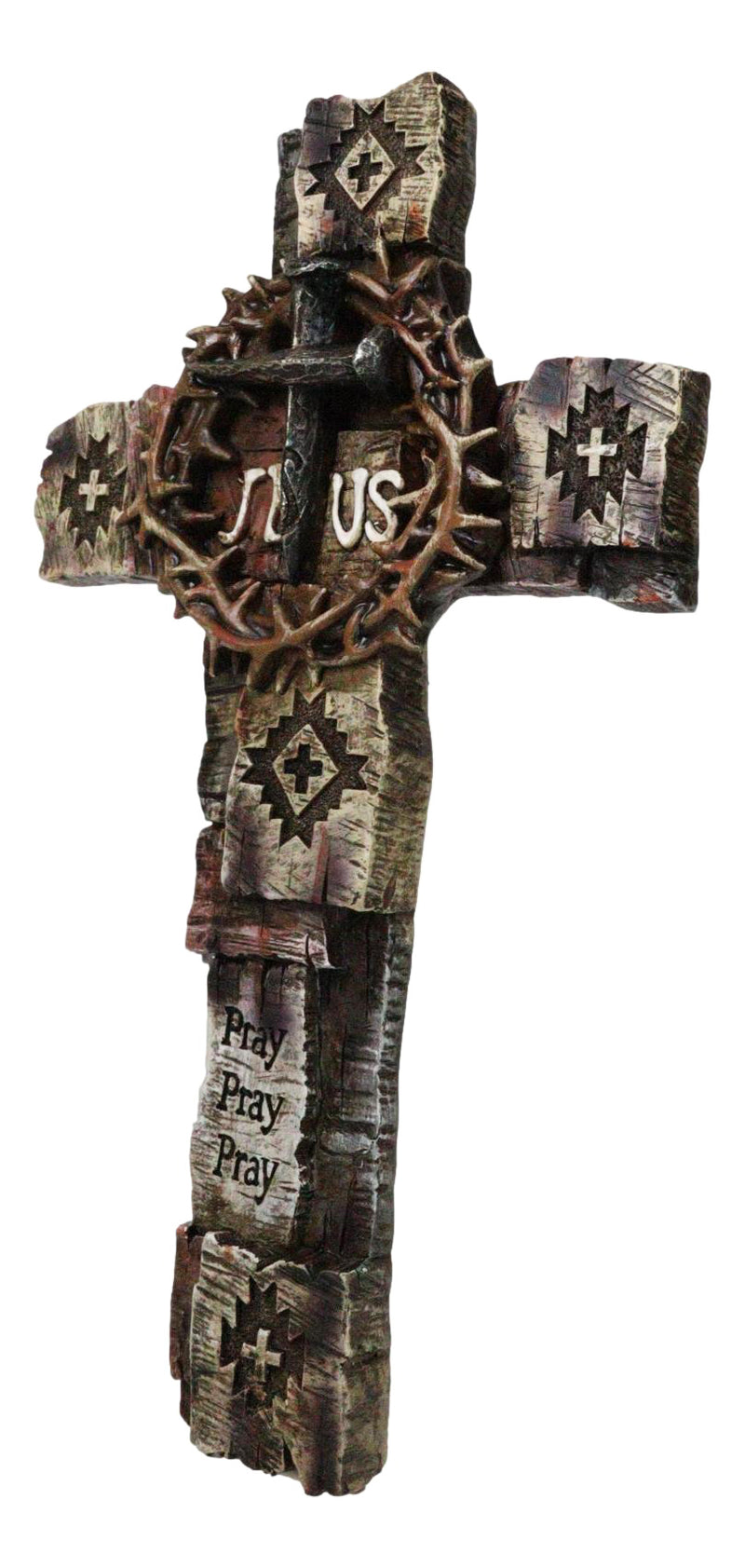 Navajo Symbols Crown of Thorns Spike Nails Jesus Sign Faux Wooden Wall Cross