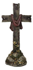 Faux Distressed Wood Scarlet Robe With Rose Of Sharon Standing Cross On Rocks