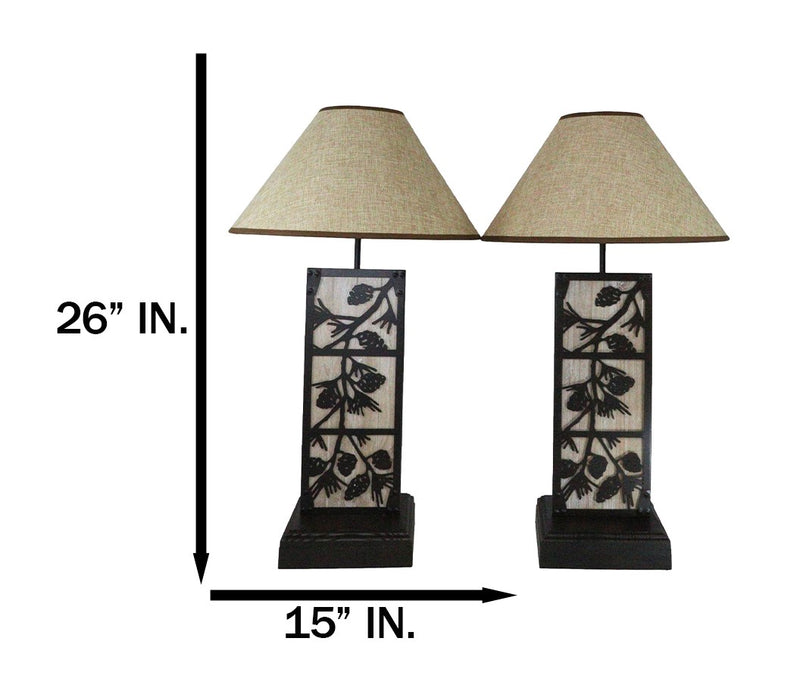 Set of 2 Rustic Western Pinecone On Branches Wood Metal Bedside Table Lamps