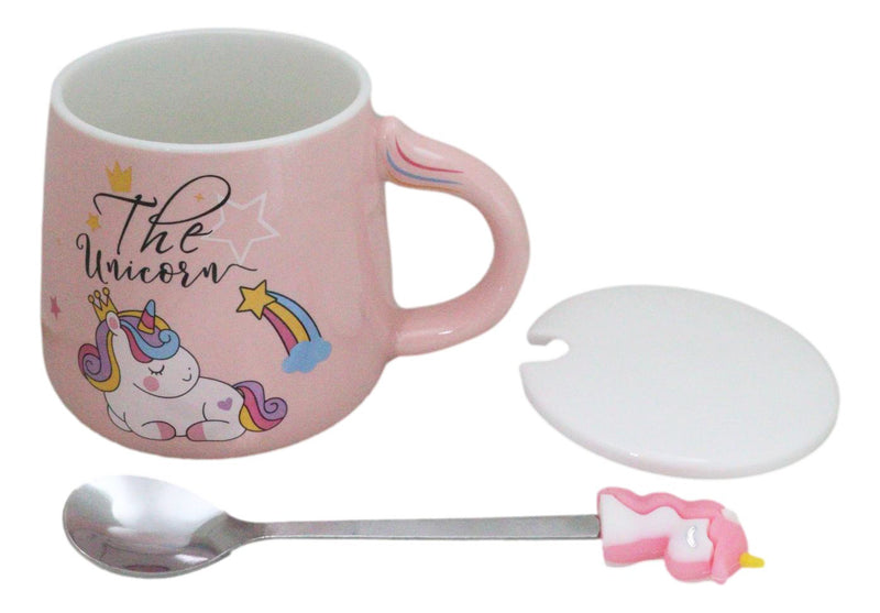 Pastel Pink Whimsical Unicorn Rainbow Shooting Star Mug With Spoon And Lid