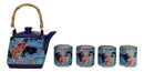 Auspicious Red Koi Fishes In Blue Waters Hexagonal Teapot With 4 Tea Cups Set