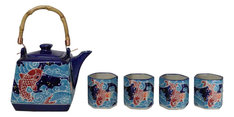 Auspicious Red Koi Fishes In Blue Waters Hexagonal Teapot With 4 Tea Cups Set