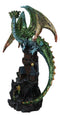 Metallic Green Dragon Perching On Rocky Mountain Stonewall Castle Tower Figurine