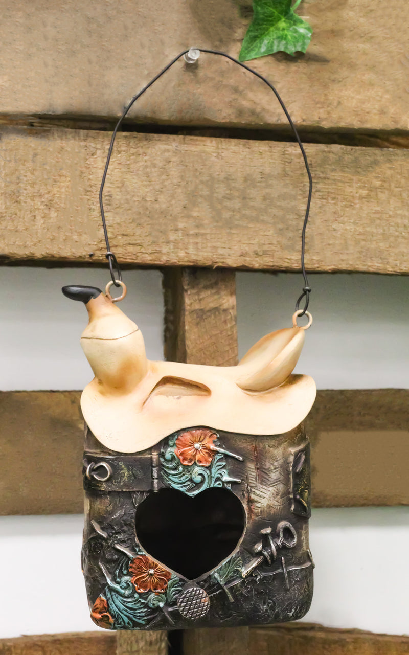 Rustic Western Cowboy Horse Saddle With Turquoise Flowers Birdhouse Bird Feeder